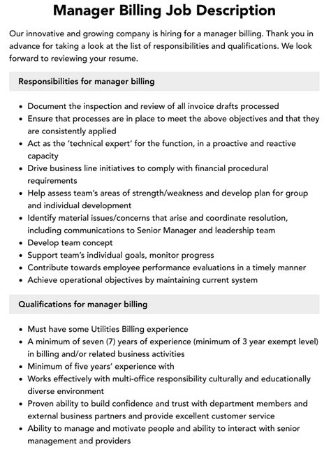 billing manager job description template|Manager Billing Job Description .